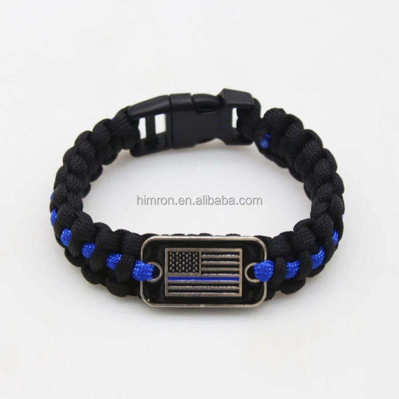 New Design Paracord Wristband Customized Metal Plate Woven Bracelets Men Blue Flag 550 Paracord Bracelet