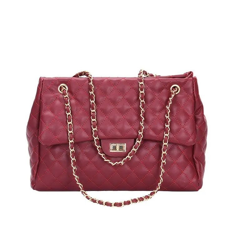 Popular Plaid Large Capacity Multi Function Women Pu Leather Shoulder Bag With Chain