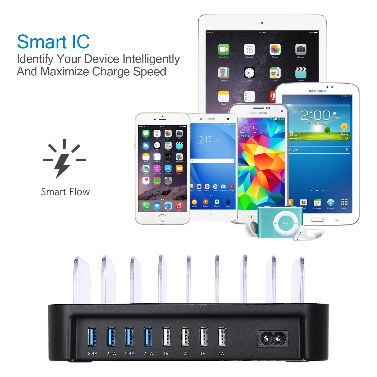 Multi Charging Station 8-Port USB Charger for Multiple Device with SmartIC Tech and Adjustable Dividers, Organizer Stand