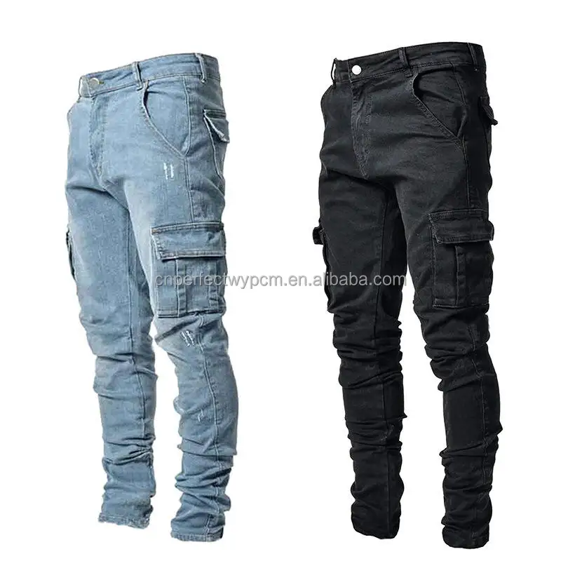 Slim Fit Mens Jeans 2022 Designer Skinny Stacking Plus Size Multi-pocket Casual Straight Solid Color Casual Stretch Jeans Man