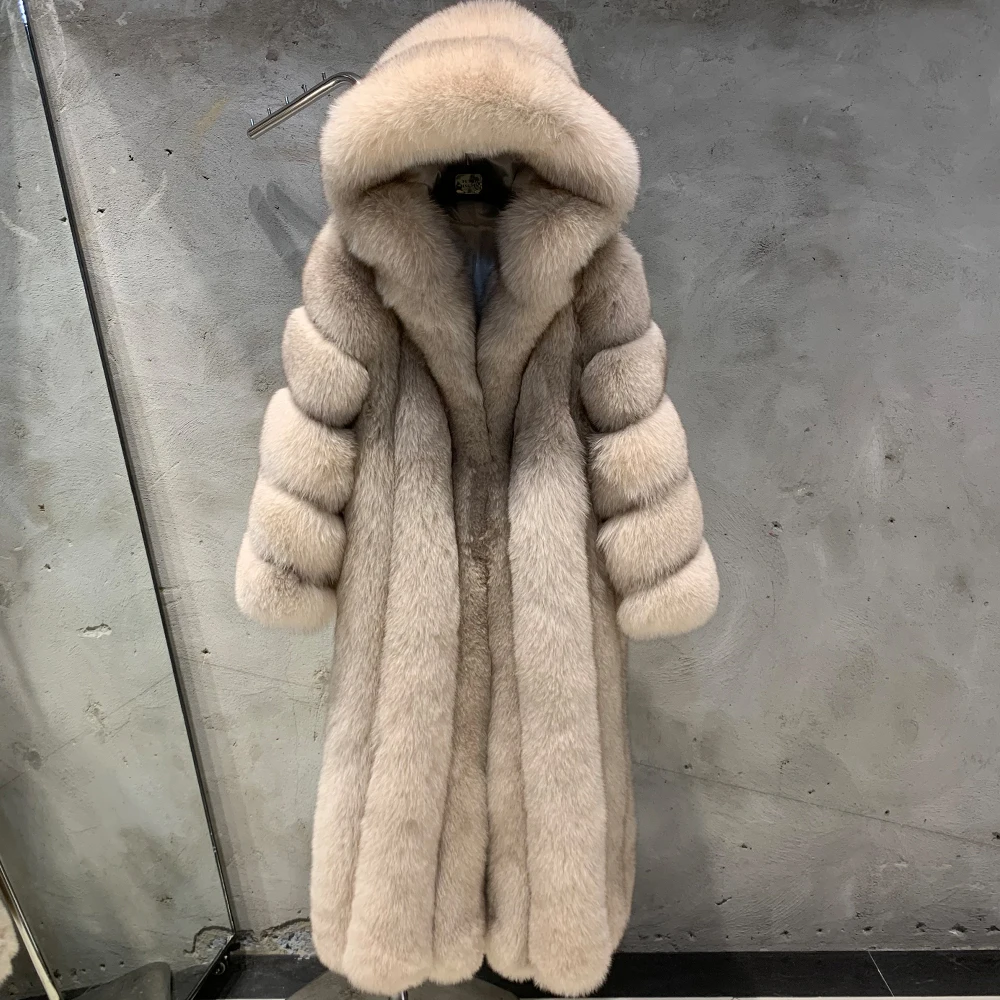 Winter warm natural fur coats women real fox fur cloth 2024 hooded long fur coat