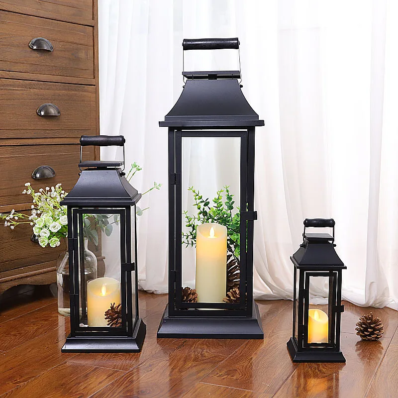 Simple Chinese retro portable windproof candlestick iron glass outdoor courtyard floor lamp candlestick ornaments