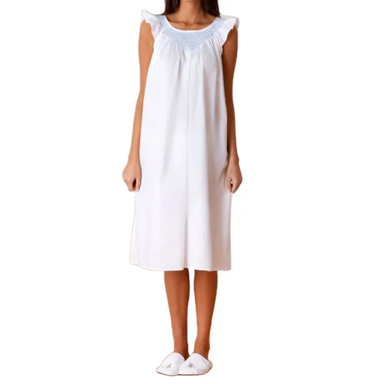 Summer Latest Women Fashion Nightgown Sleeveless Full Length Loose Oversize Embroidery Ruffle Solid White Cotton Nightgown