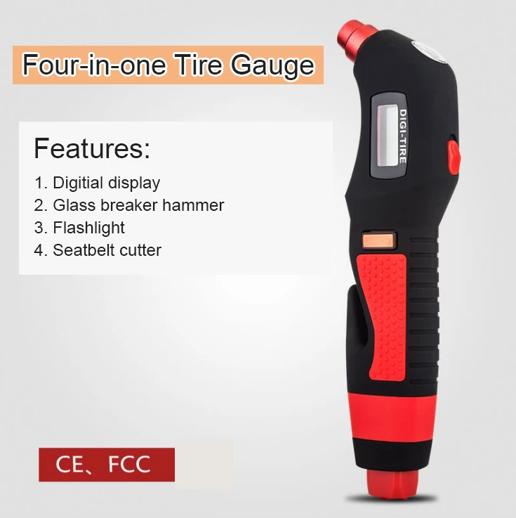 High Quality Car Emergency Tool Kt Digital Tire Gauge With Glass Hammer Flash Light And Seat Belt Cutter