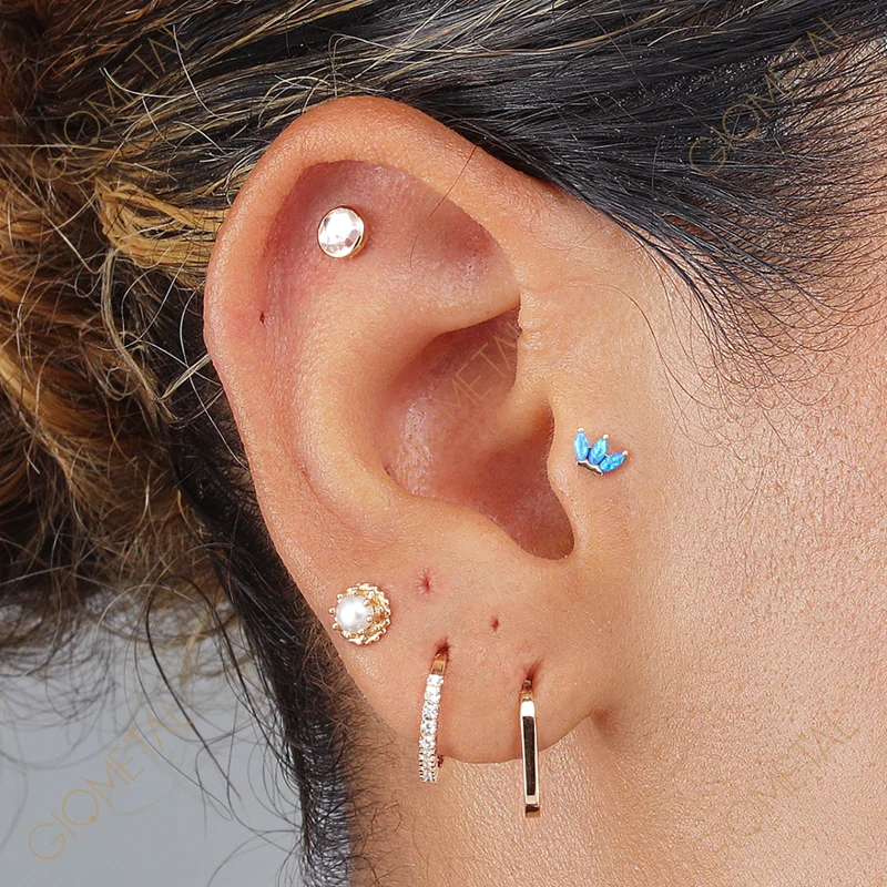 Giometal Wholesale 14k Solid Gold Triple Opal Marquise Top Body Jewelry Female Threadless Piercing Earrings Conch Daith