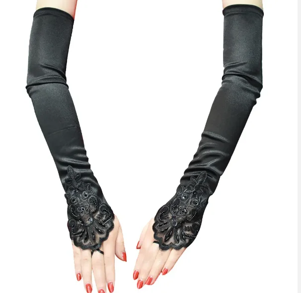 48cm Long Satin Above Elbow Black Bridal Lace Wedding Party Glove Bride Women Elegant Glove With Finger Loop