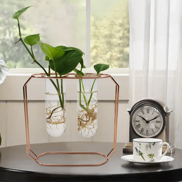 My Gift Desktop Planter Set with 2 Glass Tube Vases & Gold-Tone Metal Stand