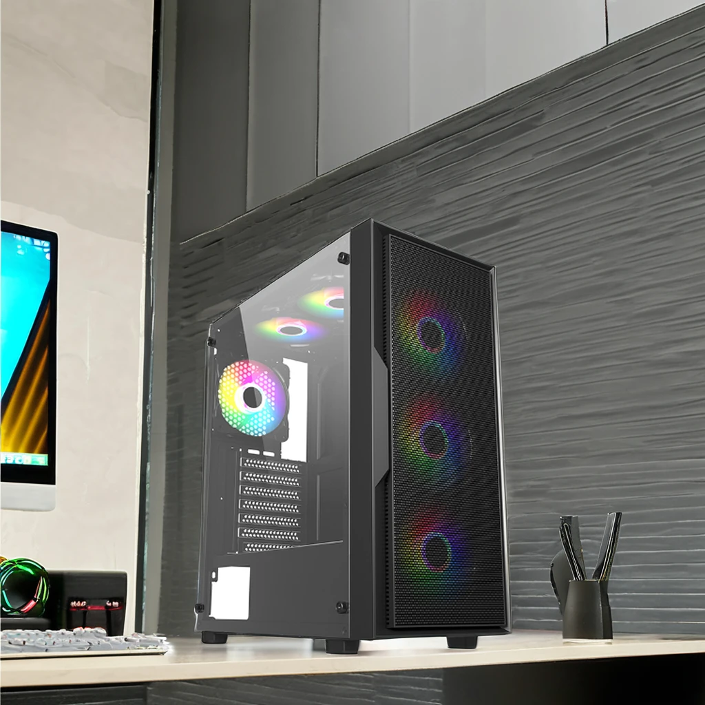 ATX Gaming PC Tower Case Steel Mesh Panel Design 7 PCI Slots and Glass Panel 3.0 USB for Desktop Computer