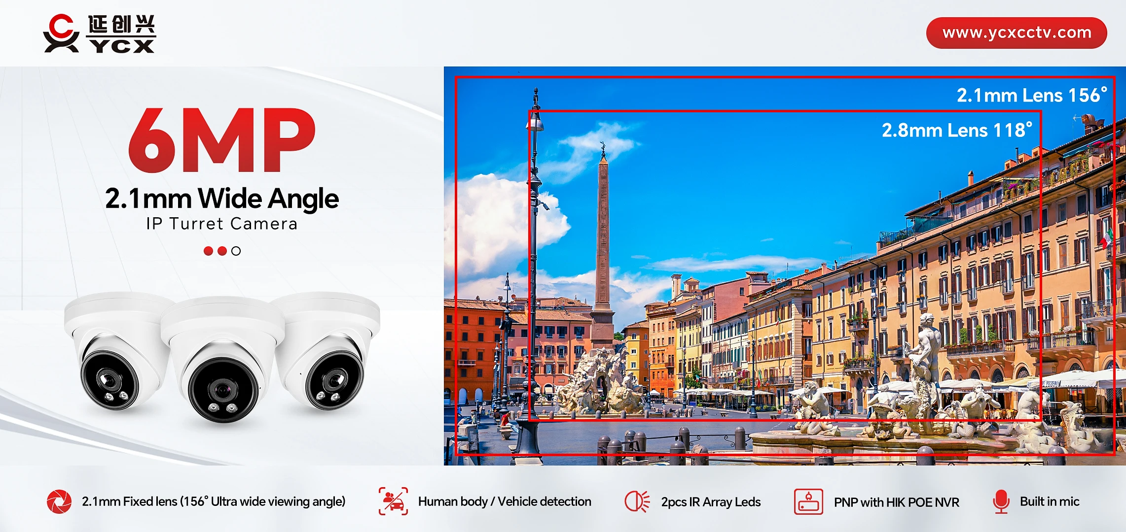 6MP 2.1mm Fixed lens Super Wide angle OEM Built in MIC Human body and Vehicle detection HIK compatible IP POE Turret Dome camera