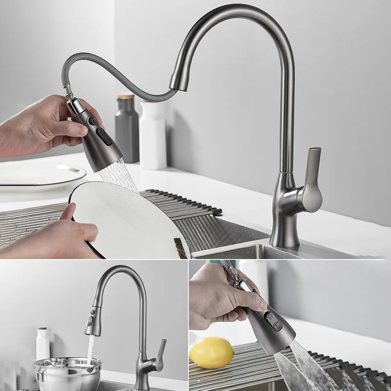 zinc alloy pull-out kitchen faucet with swivel spout manual power sink tap black or silver-for households