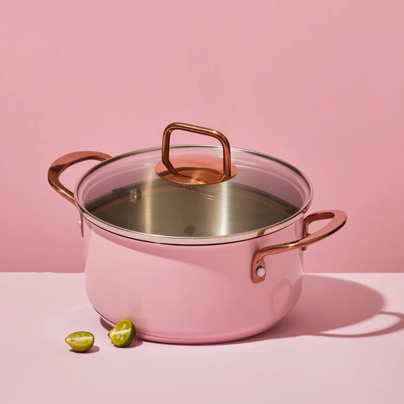 Light luxury pink color 20cm kitchen cooking cookware stainless steel nonstick soup pot soup stock pot