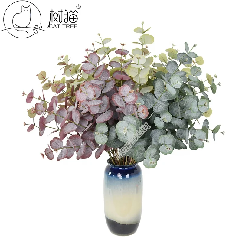 High quality Realistic 3 head decoration leaves Artificial eucalyptus plant for decor