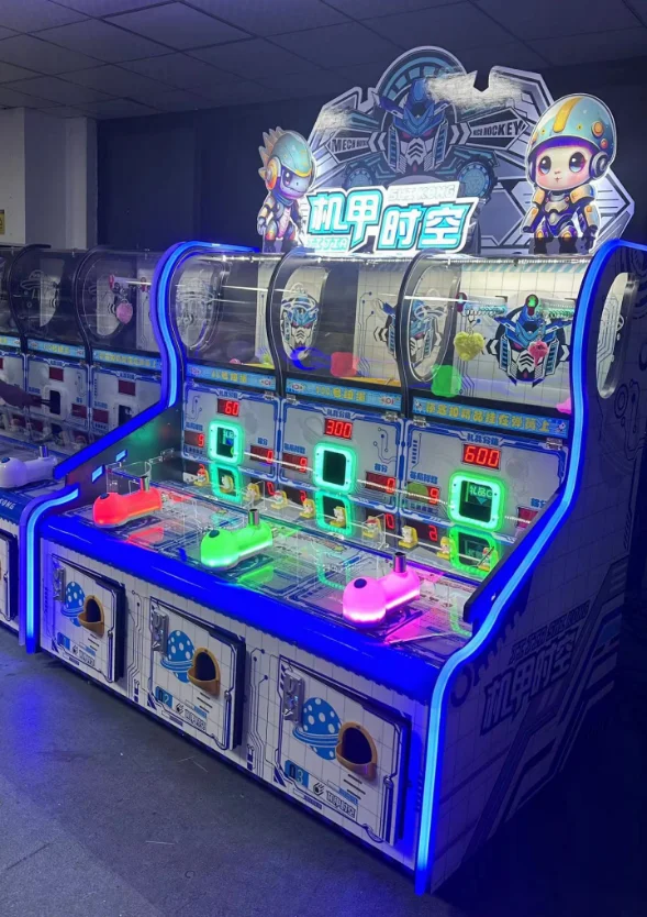 Best selling coin operated kids shooting ball machine mecha space-time 3 people shooting twist egg key chain gift machine