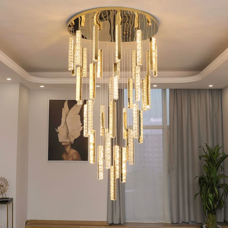 Nordic Style Drop Light Crystal Pendant Lights Luxury Long Office K9 Crystal Chandelier High Ceiling Lighting for Villa Stairs