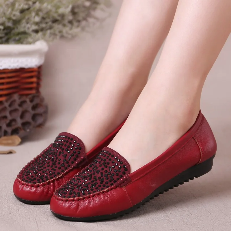 
2020 Bright diamond plus size women casual shoes lady loafers genuine leather flat ladies stock shoes 