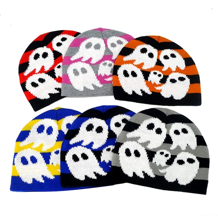 Unisex Halloween Skull Ghost Jacquard Knit Hat Beanie Winter Slouchy Toque Warmth Festive Party Caps Adults Kids Winter Gift