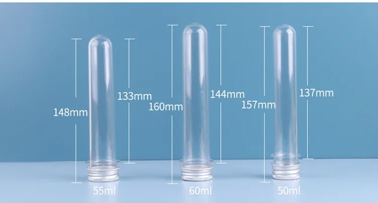 Food Grade laboratory 30ml 40ml 45ml 50ml 55ml 60ml clear PET Lab Plastic Test Tube With Screw aluminum silver or gold Cap/Lid