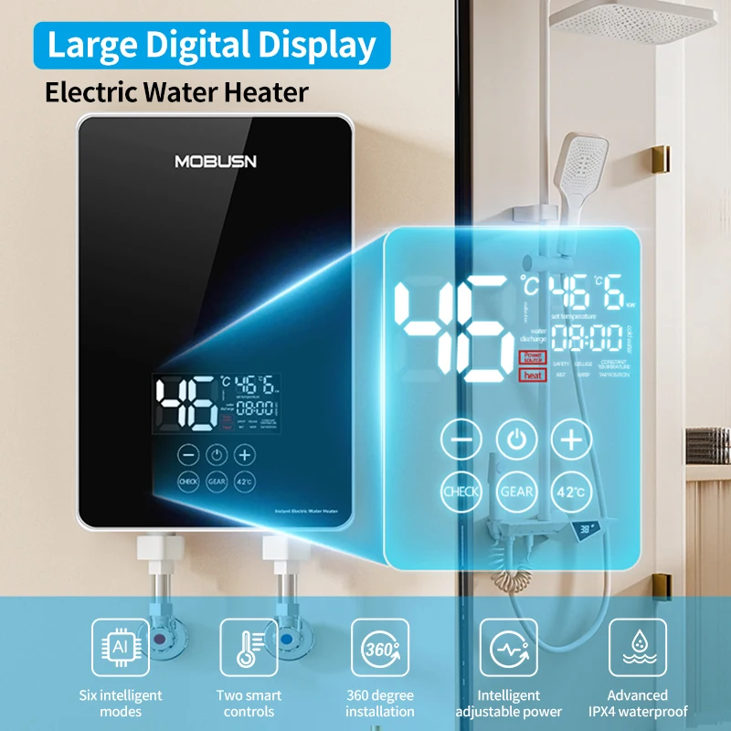 New Design Portable Hot Shower Electric Instantaneous Water Heaters 1 Piece Stainless Steel Touch Button Wall Mounted IPX4 8000