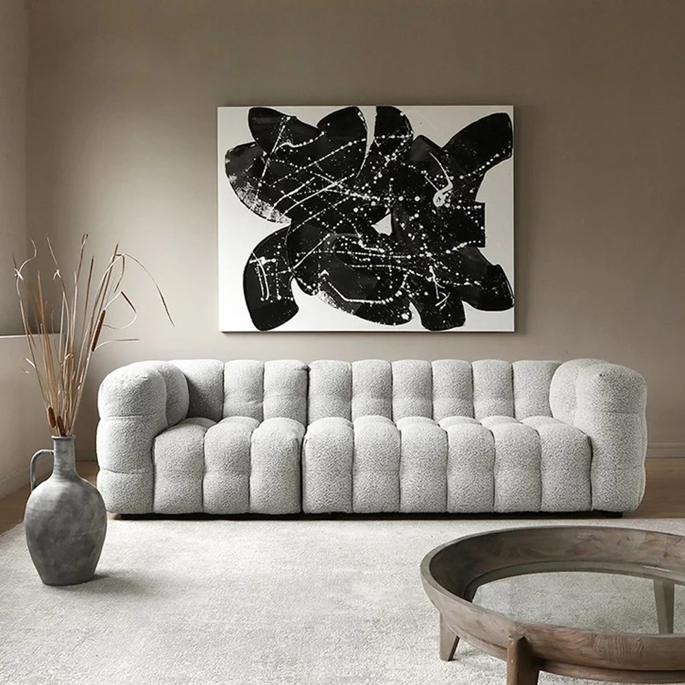 Elegant Italian Designer Home Furniture Soft Setting Sponge Teddy Velvet Fabric Upholstery Cream Chesterfield Sofa