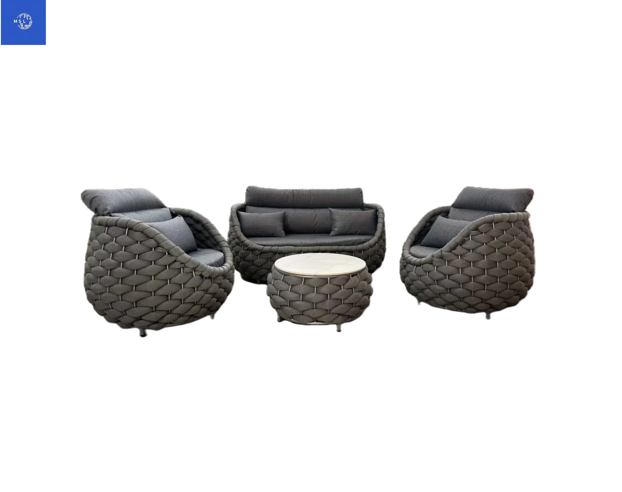 Оптовая Продажа с фабрики, наружный алюминиевый диван с поддержкой на заказ, тканый водонепроницаемый солнцезащитный крем, 4 предмета, садовый диван, набор садовой мебели