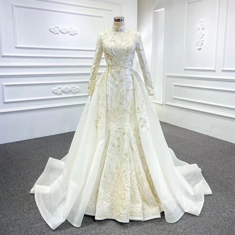 Jancember RSM67156-1 Muslim Mermaid Long Sleeve Detachable Train Wedding Dress