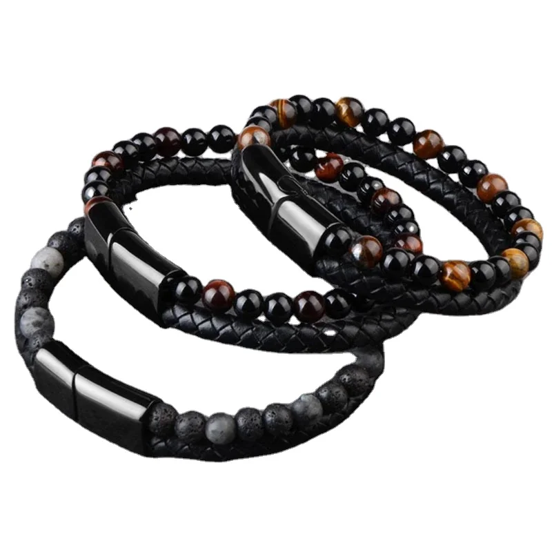 Punk Fashion Black Volcanic Stone Mens Trendy Bracelet High Quality Bracelets Man Natural Stone Bead Leather And Steel Bracelets