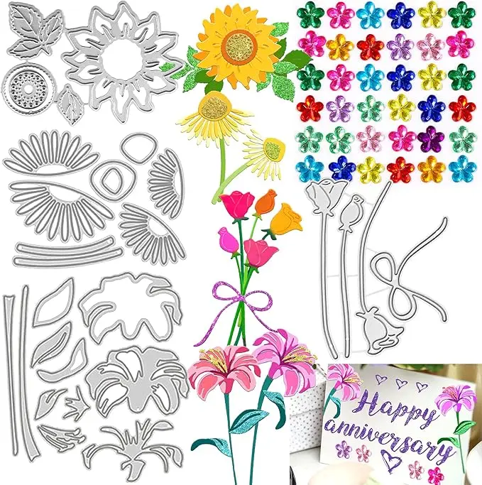 Cutting Dies Stencil, 28Pcs 3D Flower Metal Template Mould Multi-Shape DIY Craft Embossing Tools,with 36 Pcs Rhinestone Sticker
