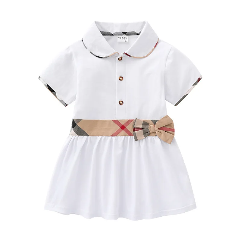Summer 100% cotton princess Baby Girl Dresses Children Clothing Lapel collegiate skirt short sleeve knitted girls dress