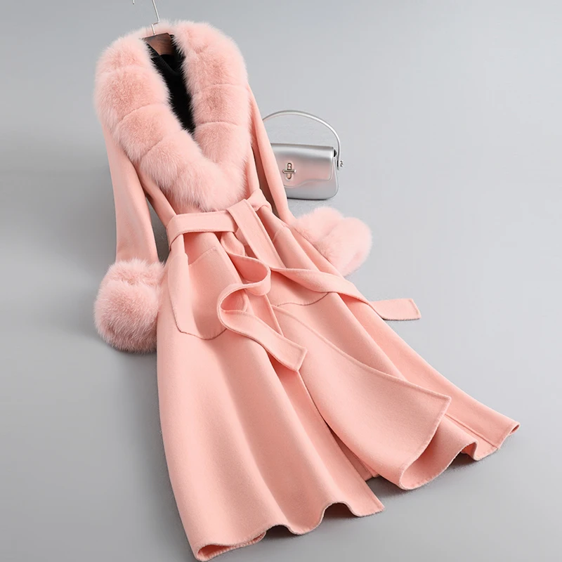 Female Wool Tweed 2023 Winter Warm Long Coats Lady Girl Fox Fur Collar Cashmere Overcoat Parka JT3384