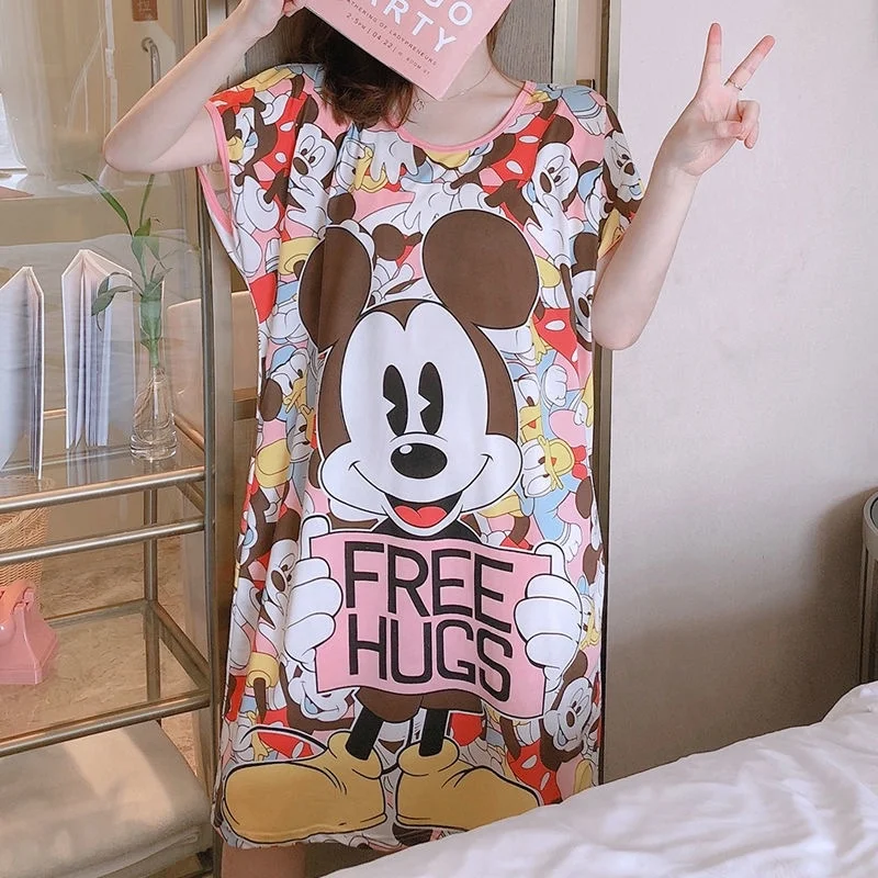 Summer Cool Fashion Milk Silk Mickey Pajamas Skirts For Women Short Sleeve O-neck Cartoon Printing Oversize Loose Night Dress