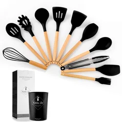 Non-stick Kitchen Utensil 12 Pcs Cooking Utensils Set Heat Resistant Cookware Silicone Kitchen Tools with Wooden Hold