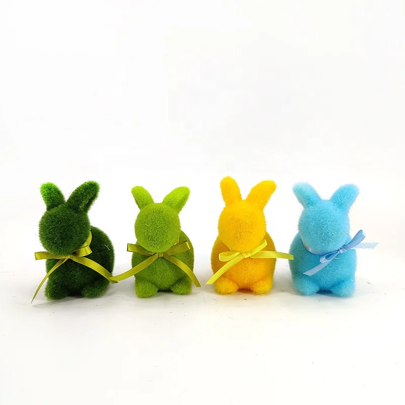 Colorful Handmade Flocked Rabbit Decoration Easter Bunny Figurine Flocking Hare Statue DIY Material Mini Ornament