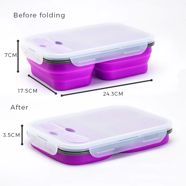 3 Compartment silicone  Reusable Food Storage Containers Folding Kids Collapsible Silicone Lunch Boxes With Fork