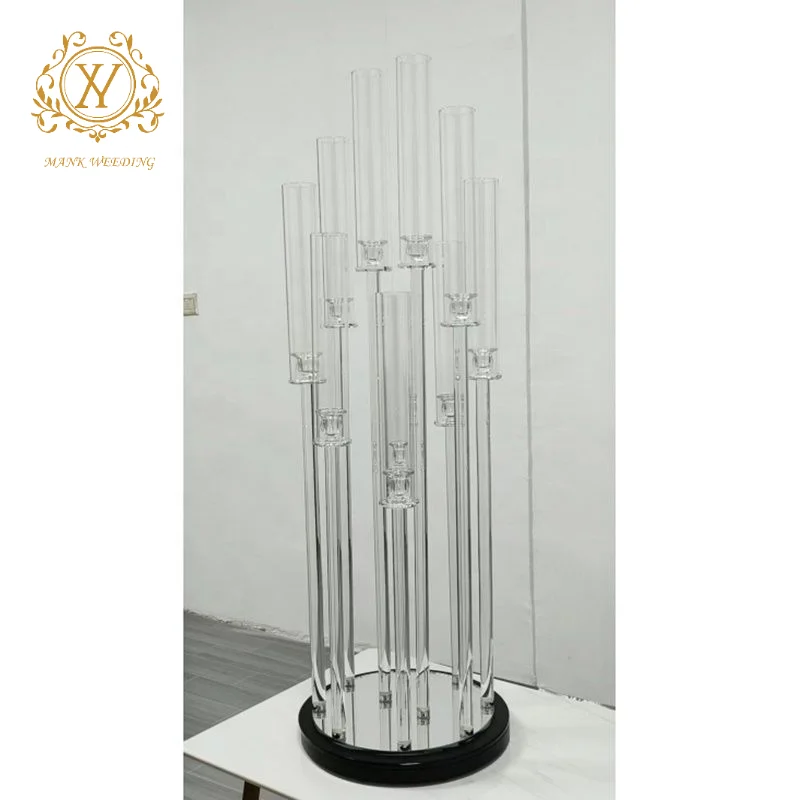High Quality 10 Arms Tall Candelabra Clear Crystal Romantic Wedding Candle Holder Glass Candlestick For Wedding Centerpieces