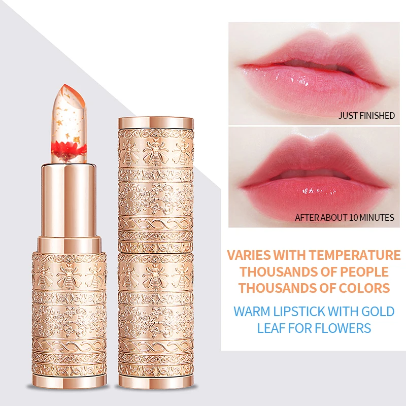 OEM 3 Crystal Flower Jelly Lip Balm with Gold Foil PH Temperature Color Change Non-stick Cup wholesale Lipstick