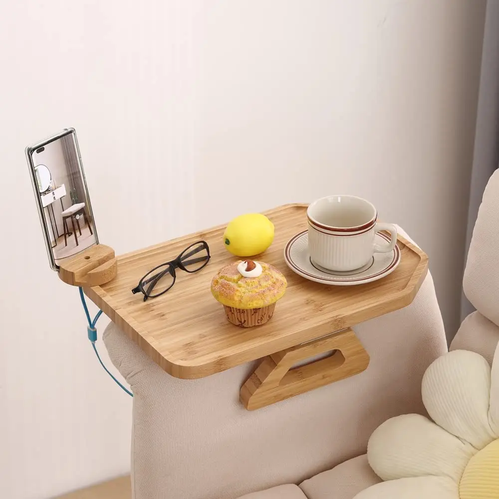 Foldable Couch Cup Holder For Couch Bamboo Couch Arm Tray with Rotating Phone Holder