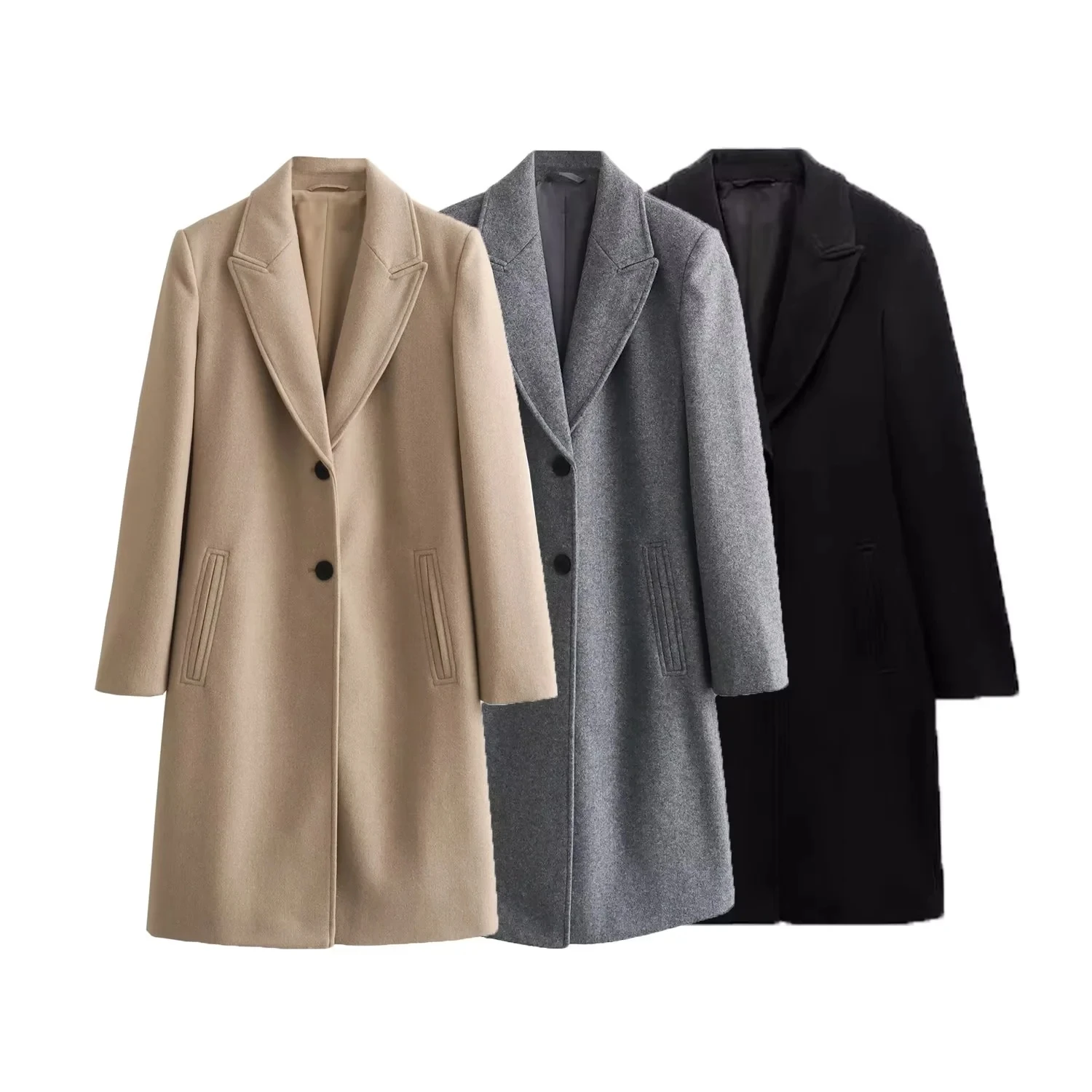 3 colorway single breasted notched collar solid color casual fashion long trench coat for women