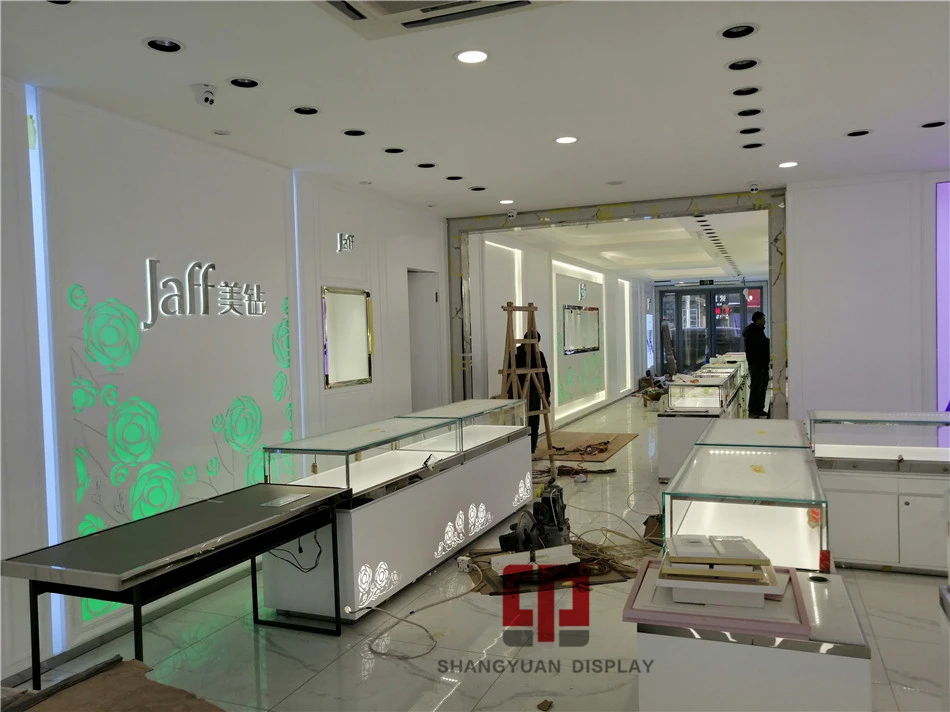 Diamond jewelry store paint display cabinet Mirror stainless steel jewelry display counter carved wooden glass showcase