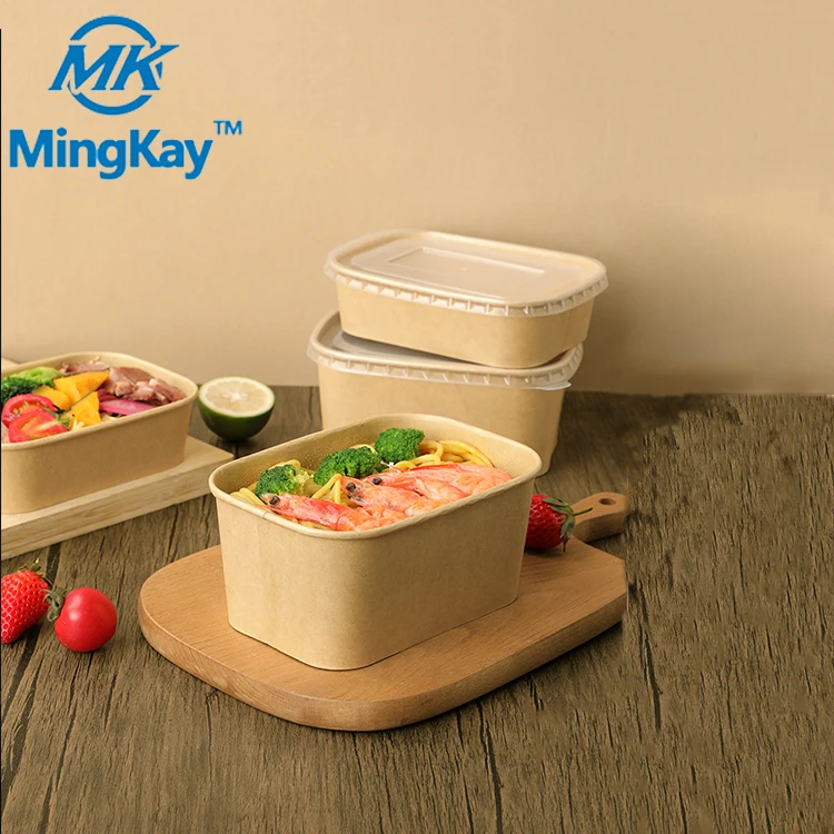 Eco friendly biodegradable kraft paper square recyclable disposable takeaway food bento box with paper and pp lid