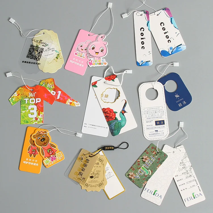China cheap fold over custom logo printed design 400gsm paper cardboard kraft garment luxury jewelry hang tags with string