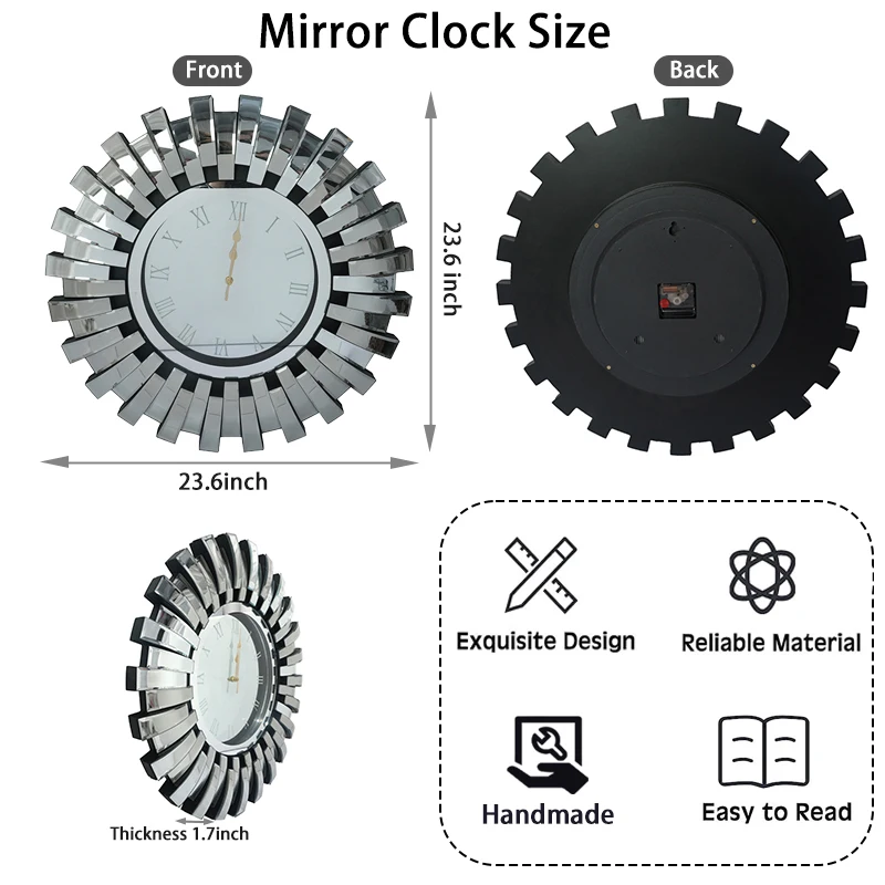 2023 new design Mirrored clock WXMC-084 bending Glass Silver wall decor 3D Round Clock mirror home decor for living room