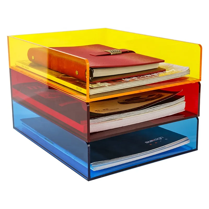 JERY Custom Acrylic 3 Tier Desk File Organizer A4 Letter Paper Tray Shelf File Acrylic Storage Racks for Home Office