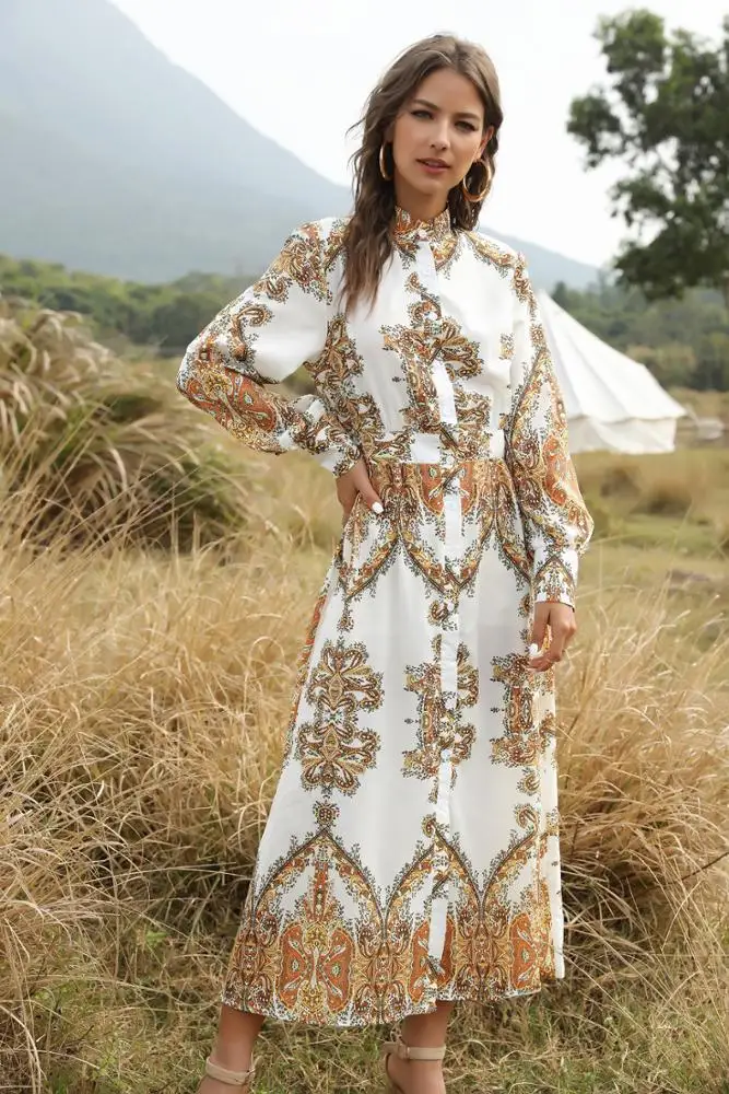 
New Bohemian Style Summer 2020 Court Printed Long Sleeve Shirt Dress Single-breasted Big Swing Long Maxi Dress Pakistan Fashion 