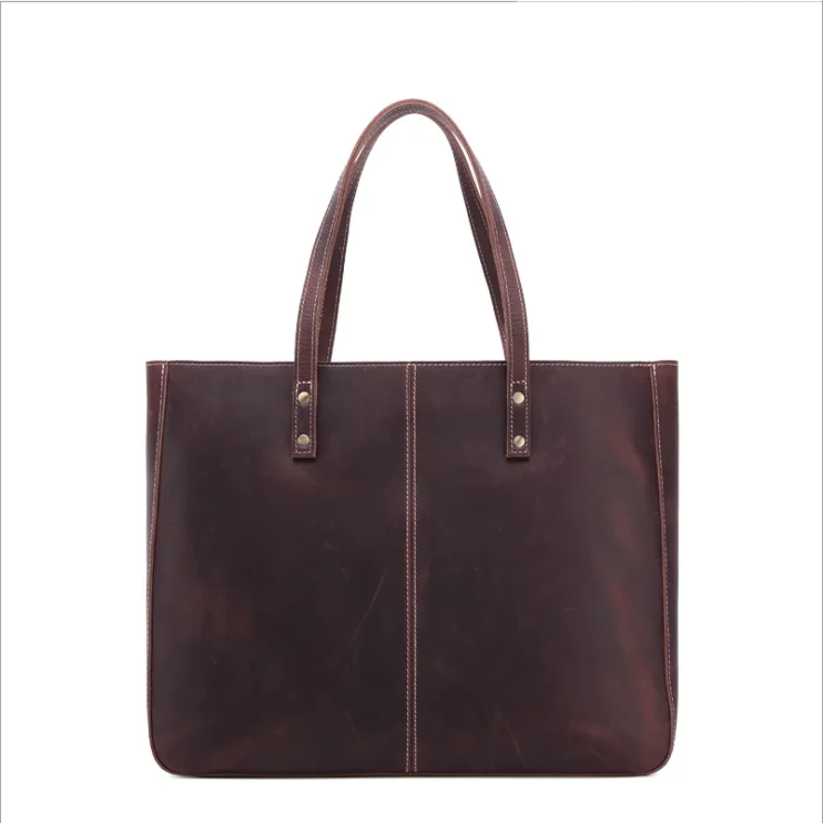 Premium Newest Vintage Dark Brown Crazy Horse Leather Business Briefcase Handbag Full Grain Cow Leather Women Leather Tote Bag