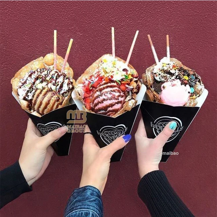 Custom Design Bubble Waffle Paper Cone Print Bubble Waffle Ice Cream Cones Paper Box Takeaway Food Packaging Waffle Paper Cone