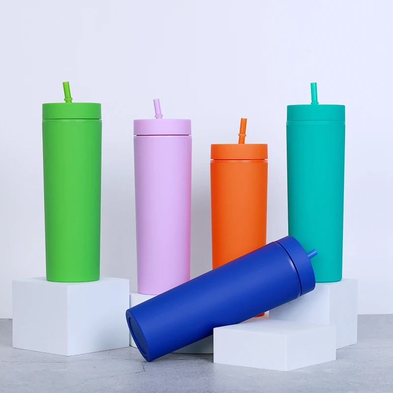 Wholesale Custom Double Wall Tumblers 16oz Reusable BPA Free Plastic Cups Drinkware Clear Acrylic Tumblers with Lid and Straw
