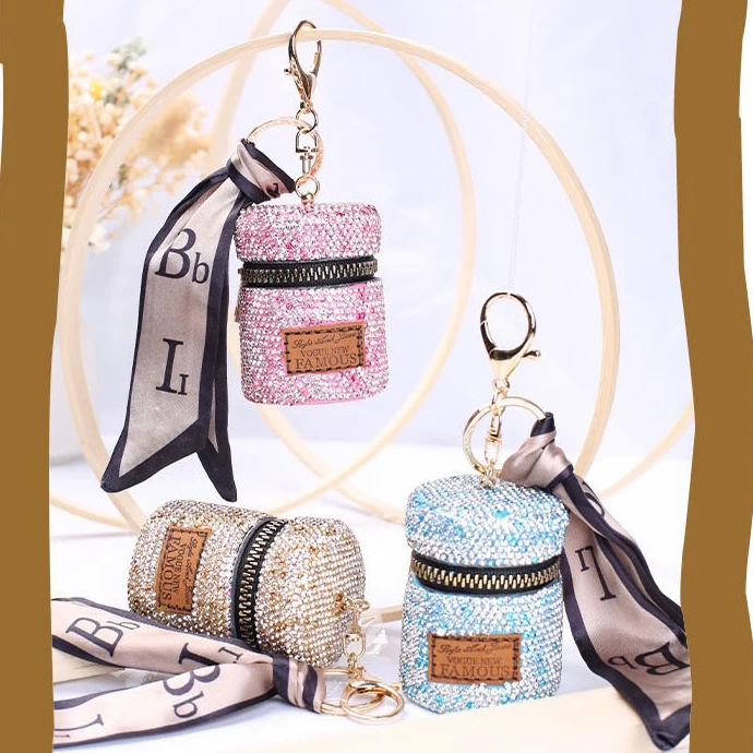 Bling Rhinestone Mini Airpods Pouch Earphone Case Car Keychain Wallet Bag Pendant Girl Key Chain lipstick Bag
