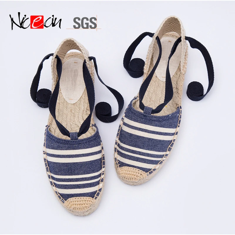 Custom stripe canvas casual ladies flat jute femmes sandals soles for platform espadrilles wedge womens