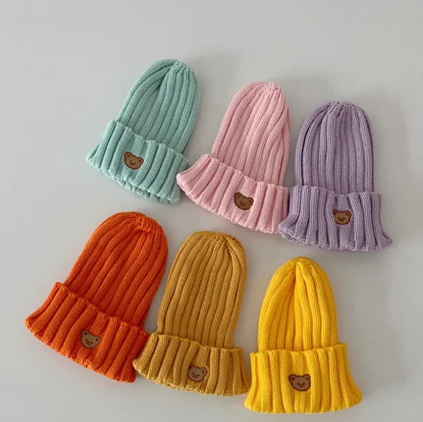 Wholesale Autumn Winter Bear Embroidery Baby Kids Knitted Beanie