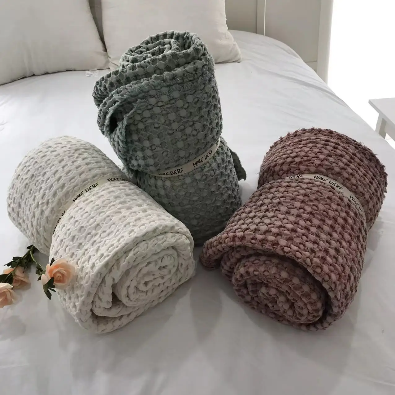 Factory Price Promotion romantic Korean Style waffle blanket Cotton Weave Waffle Blanket For Bed Throw Blankets